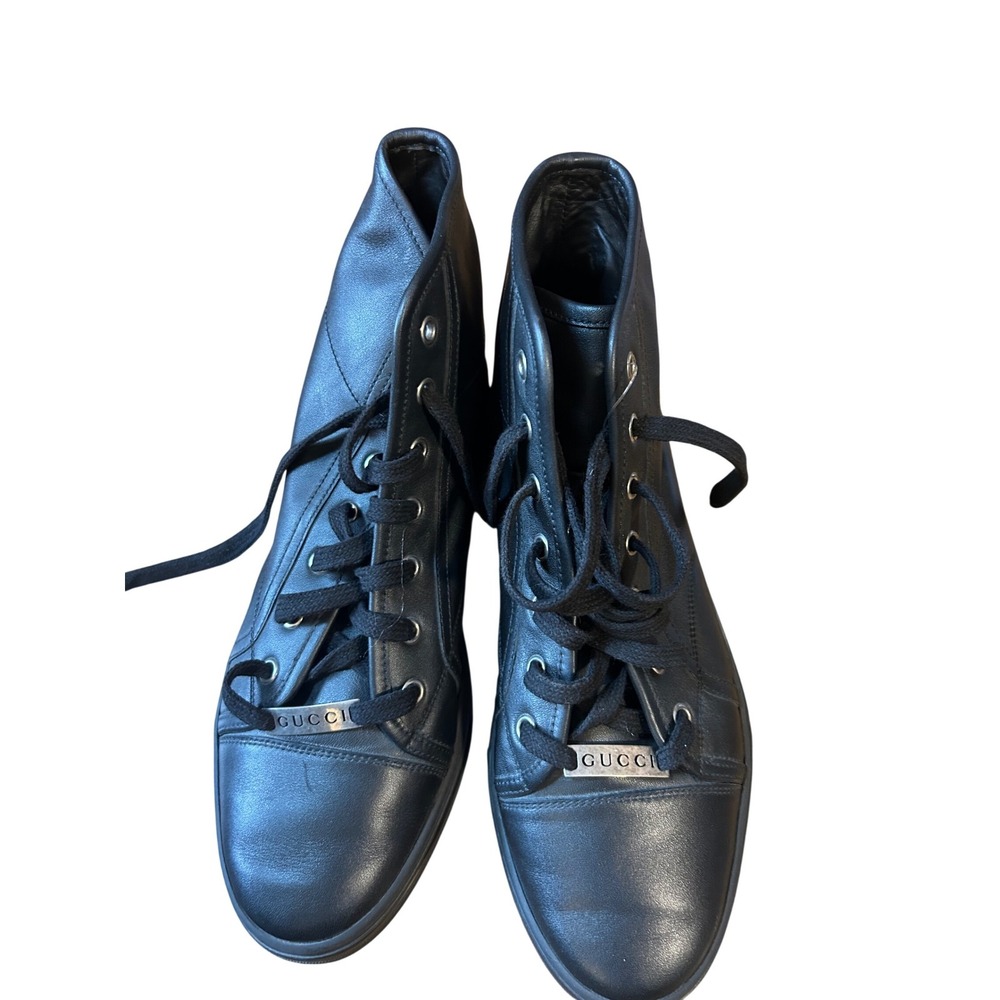 Gucci 423299 High Top Sneakers Womens 40 Black Leather Silver Logo Plaque - Picture 2 of 7